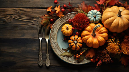 Thanksgiving Place Setting - Rustic Table With Silverware And Pumpkins. Generative Aiの素材