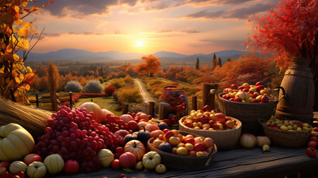 Front view picnic with pumpkins. Generative Aiの素材