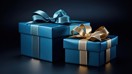 Two Luxury gift boxes with a blue bow on dark blue, Side view monochrome. Generative Aiの素材