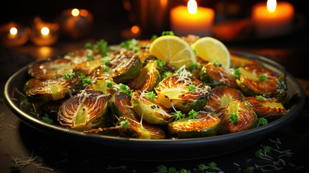Vegetarian cuisine, homemade brussels sprouts roasted. Generative Aiの素材