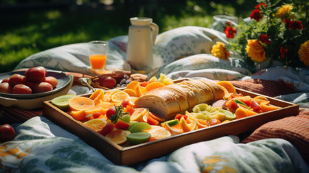 Couple taking food from checkered coverlet. Generative Aiの素材