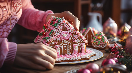 Close up of a woman decorating a part of a gingerbread house. Generative Aiの素材