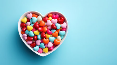 A top view colorful candies inside heart shaped plate on pink desk. Generative Aiの素材