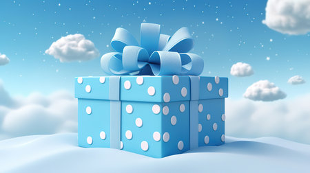 Cute and creative blue gift box, clouds, blue ribbon, blue gift with white dots. Generative Aiの素材