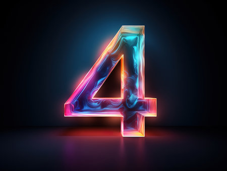 3d Render number four glowing in the dark pink blue background. Generative Aiの素材