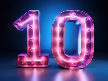 3d render number ten glowing in the dark pink blue neon light. Generative Aiの素材