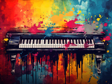 Musical background with acoustic Piano and musical keys on black copy space. Generative Aiの素材