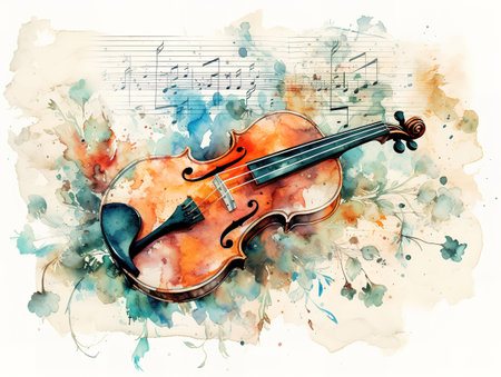 Arafed violin and roses on a sheet of music. Generative Aiの素材