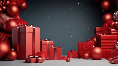 Christmas background with decorations and gift boxes, Bright color. Generative Aiの素材