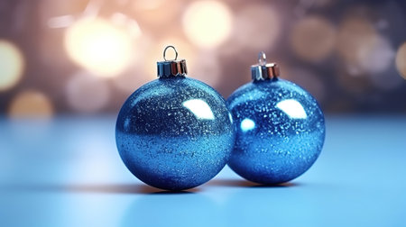 Blue Christmas balls with decoration on shiny background. Generative Aiの素材