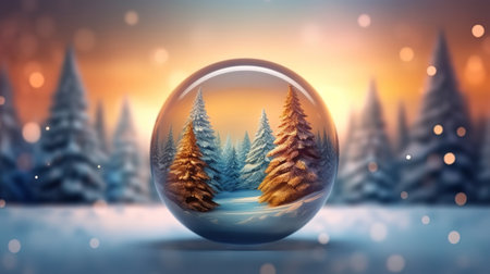 Christmas glass ball with tree in it on winter background. Generative Aiの素材