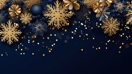 Navy christmas background with snowflakes and gold sequins. Generative Aiの素材