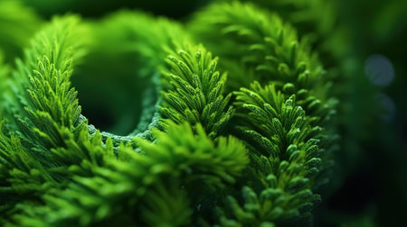 Selective focus closeup shot of green pine tree branch with water droplets. Generative Aiの素材