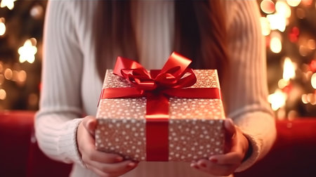 The beautiful girl sits on the floor and opens a present. Generative Aiの素材