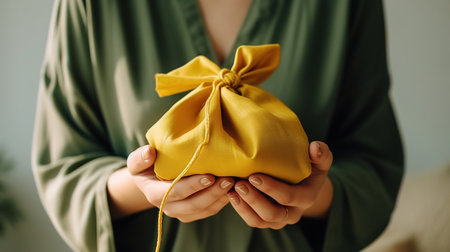Furoshiki tissue wrapping of presents, Female hand holding a gift in eco friendly. Generative Aiの素材