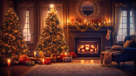 Christmas fireplace scene concept in flat design. Generative Aiの素材