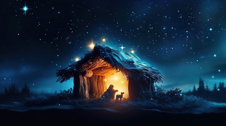 Nativity scene, Christian Christmas concept, Birth of Jesus Christ, Wooden manger. Generative Aiの素材