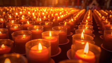 Many candles burning in cathedral, Votive candles glows on All saints day. Generative Aiの素材