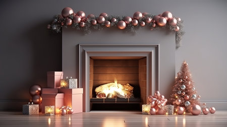 Fireplace with christmas decoration 3D rendering. Generative Aiの素材