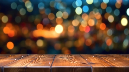 3d christmas background with wooden table against bokeh lights design. Generative Aiの素材