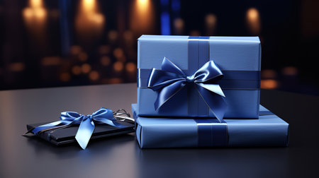 Blue gift box, notebook and neckties on dark blue background, Bright color. Generative Aiの素材