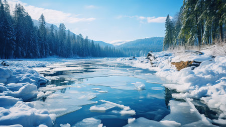 Blue ice and cracks on the surface of the ice, Frozen lake under a blue sky. Generative Aiの素材