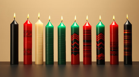 Kwanzaa African American celebration. Seven red, black and green candles on natural beige. Generative Aiの素材