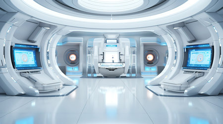 Futuristic stage in spaceship showroom floor with copy space for product display. Generative Aiの素材