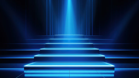 3d render, abstract blue neon background, glowing vertical lines, illuminated stairs. Generative Aiの素材