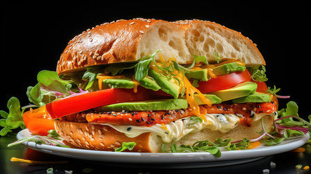 Vegetarian Bagel Sandwich, Bright color. Generative Aiの素材