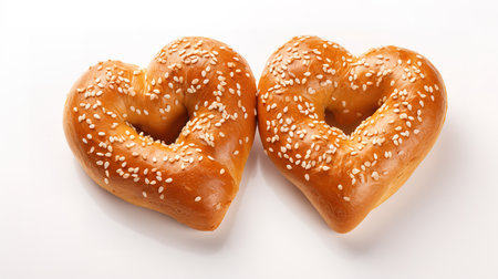 Two freshly baked pretzels closeup isolated on a white background. Generative Aiの素材