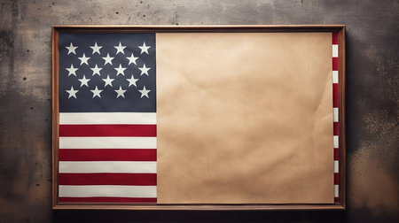 Blank black slate with american flags, stars, balloons and party blowers. Generative Aiの素材