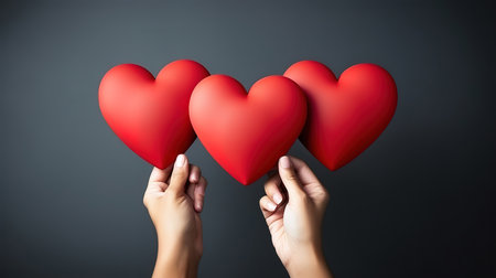 Group of hand red heart placard. Social media, network, Good opinion, Testimonials. Generative Aiの素材