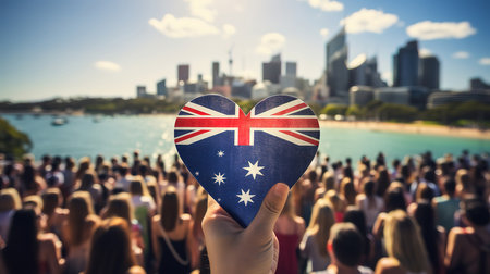 Australia national flag on people hands in heart shape isolated on sky background. Generative Aiの素材