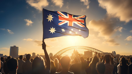 Australia flag being waved by a man celebrating success at the top of a mountain. Generative Aiの素材