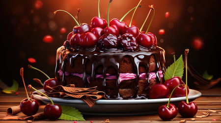 Chocolate tart with ganache decorated with cherry. Generative Aiの素材