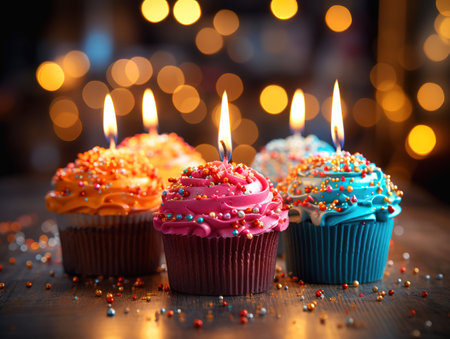 Colorful sweet cupcake desserts with frosting on topの素材