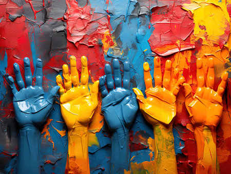 Flat lay diversity composition with different colored paper handsの素材