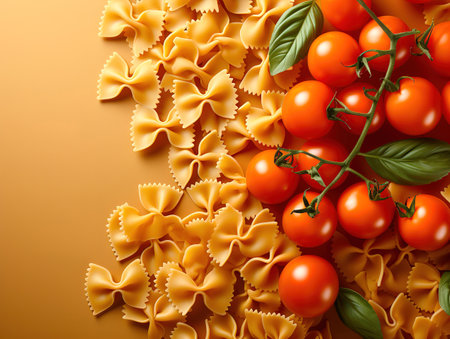 Top view of raw pasta farfalle with a bunch of tomatoes and copy space on orangeの素材