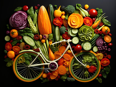 Sliced vegetables in form of a bicycle on the white backgroundの素材