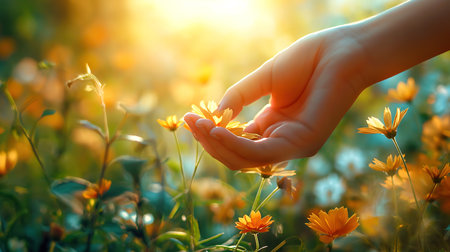 Eyecatching Hand Picking Flower in Natureの素材