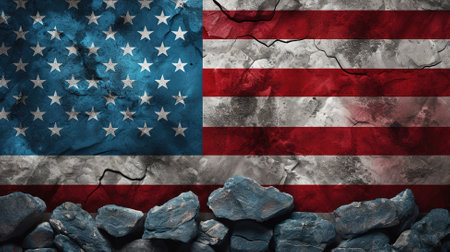 Rocks and an american flag on a black marble surface. generative aiの素材