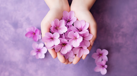 Top view of child hands holding purple pink flowers with copy space, Kindness, caring. generative aiの素材
