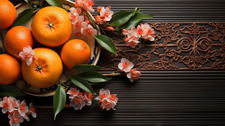 Tangerines and blooming branch on board. generative aiの素材