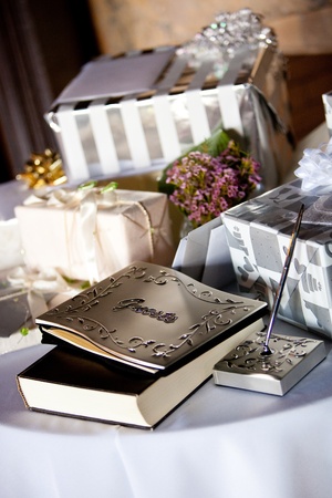 gift table and guest book during a wedding receptionの写真素材