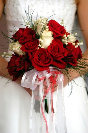 Brides Flowers, wedding bouquet of red and white rosesの写真素材