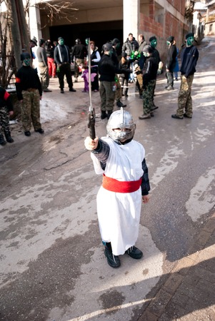 VEVCANI, MACEDONIA - JANUARY 13, 2012: A boy dressed up as a knight during the Vevcani Carnival in southwestern Macedoniaのeditorial素材