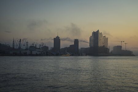 Skyline of Hamburg at dusk.