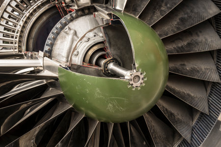 Detail of a vintage turbofan engine.