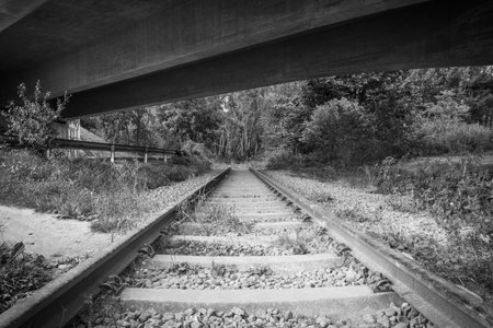 old railway tracks under a bridgeの写真素材